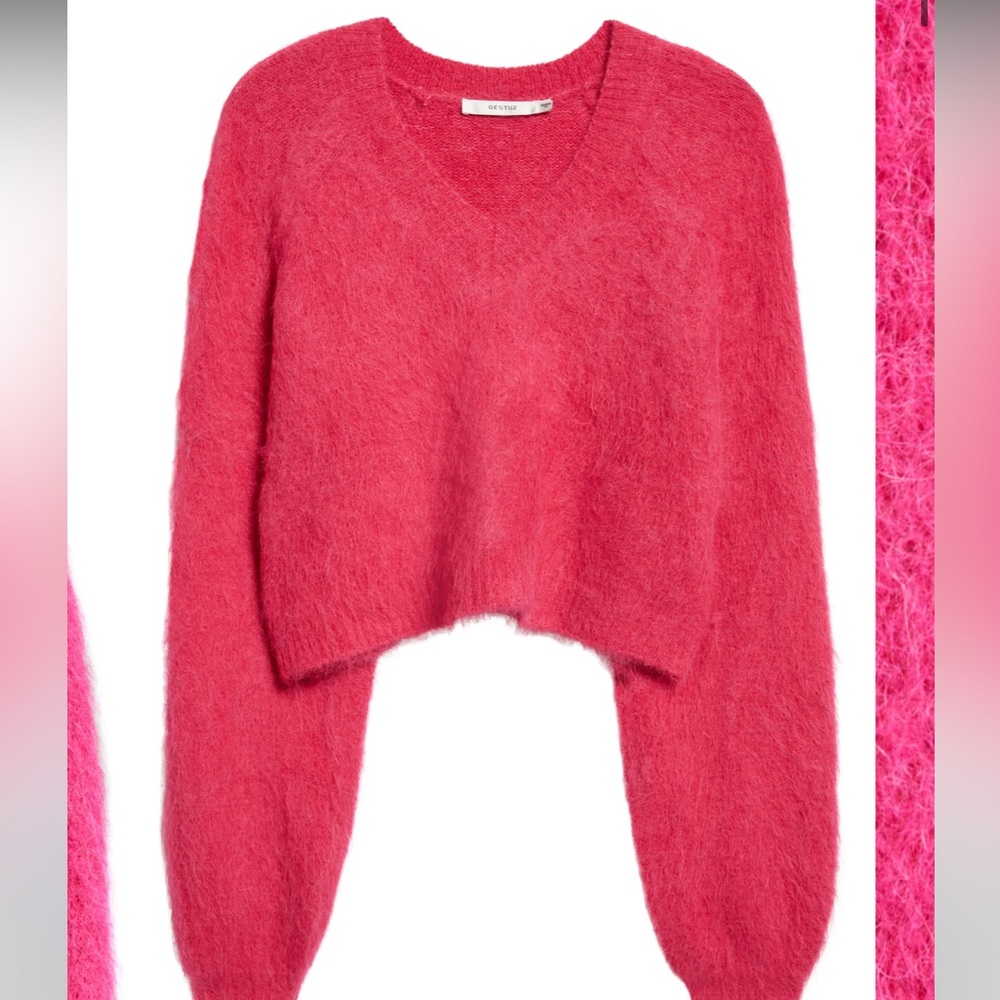 GESTUZ Safigz Fuzzy Alpaca Blend V-Neck Sweater in Pink Peacock
